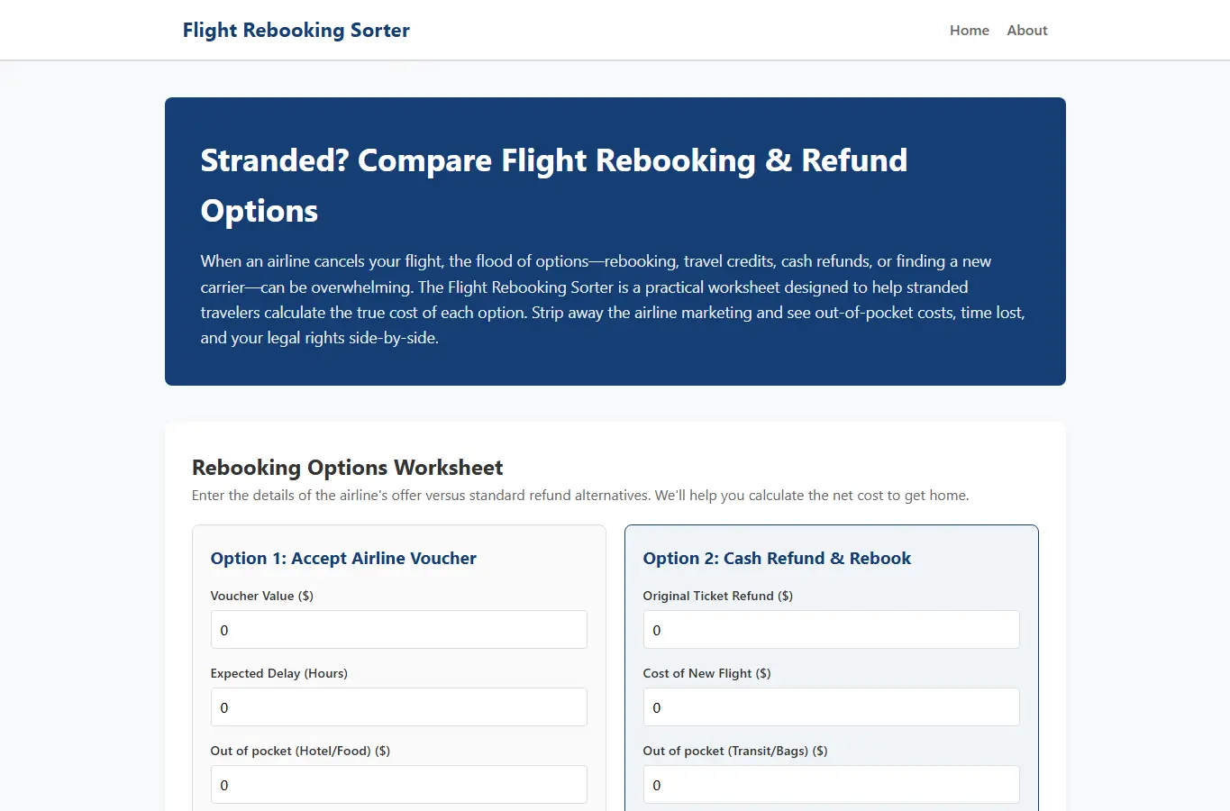 Screenshot of Flight Rebooking Sorter interface showing the project page in use